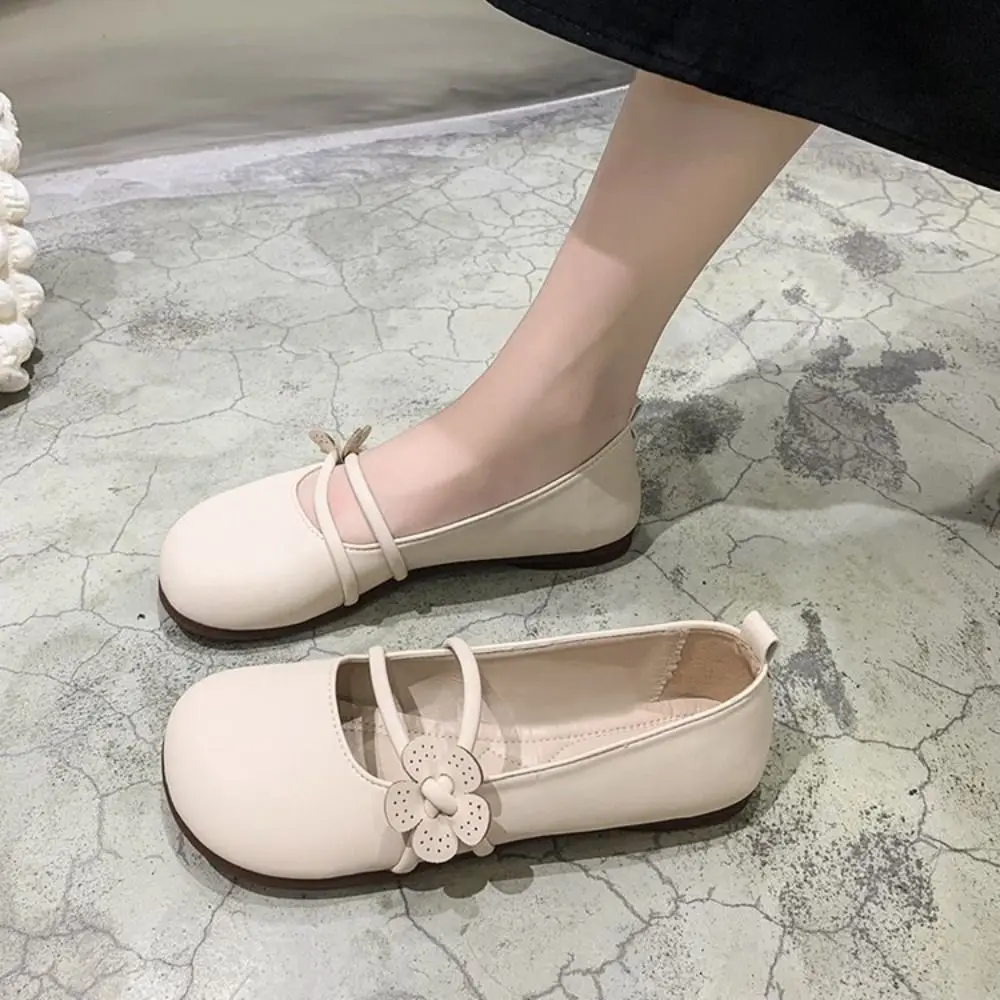 

Retro Flower Mary Jane Shoes PU Leather Anti-slip Ballerina Flats Streetwear Low-heel Round Toe Flat Shoes Summer Spring