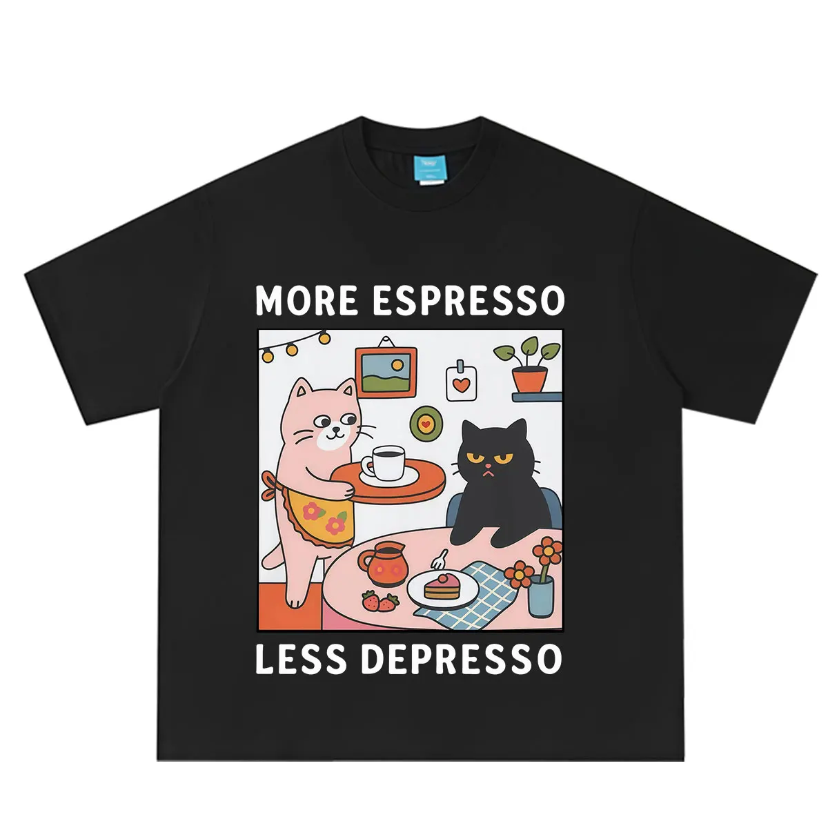 Fashion Funny Cat More Espresso Less Depresso T Shirt Men Women Aesthetic Vintage T-Shirt Cartoon Cute Cotton Oversized T Shirts