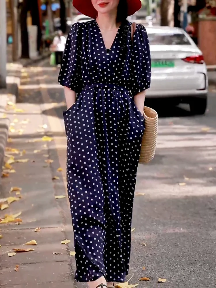 

Новинка: Модное женское летнее платье в горошек с V-образным вырезом, свободного кроя, в корейском стиле, больших размеров