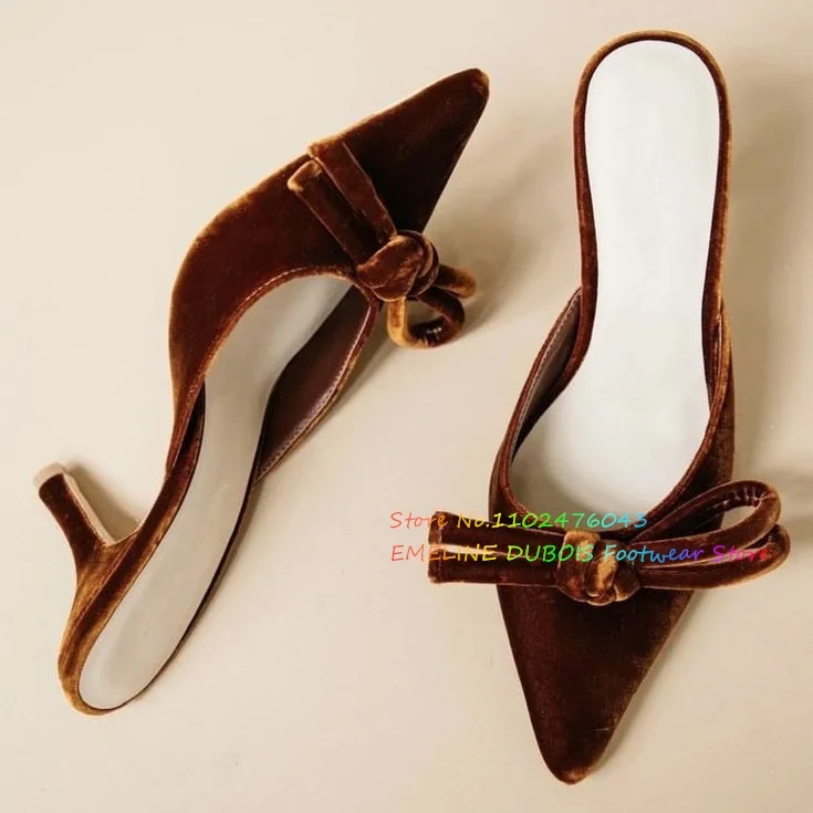 

Butterfly-Knot Flock High Heel Mules Slip On Footwear Shallow Ladies Medium Heels Summer New Trendy Solid Color Slippers