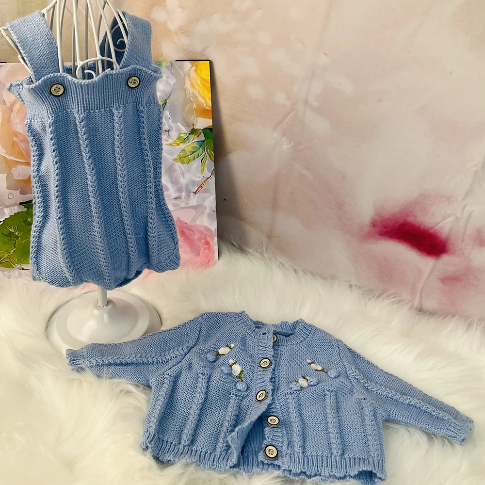 Embroider Flowers Yellow Knit Wool Doll Clothes Accessories Coat+Rompers Suit for 22-23 inch Baby Doll Fashion Girl Change Cloth