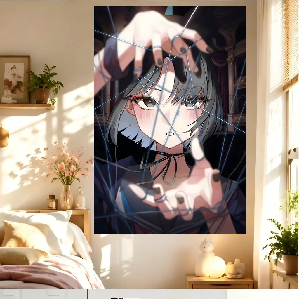 Dark Aesthetic Anime Girl Tapestry Puppet Strings Theater Mysterious Moody Portrait Wall Hanging Dorm Bedroom Wall Decor Blanket