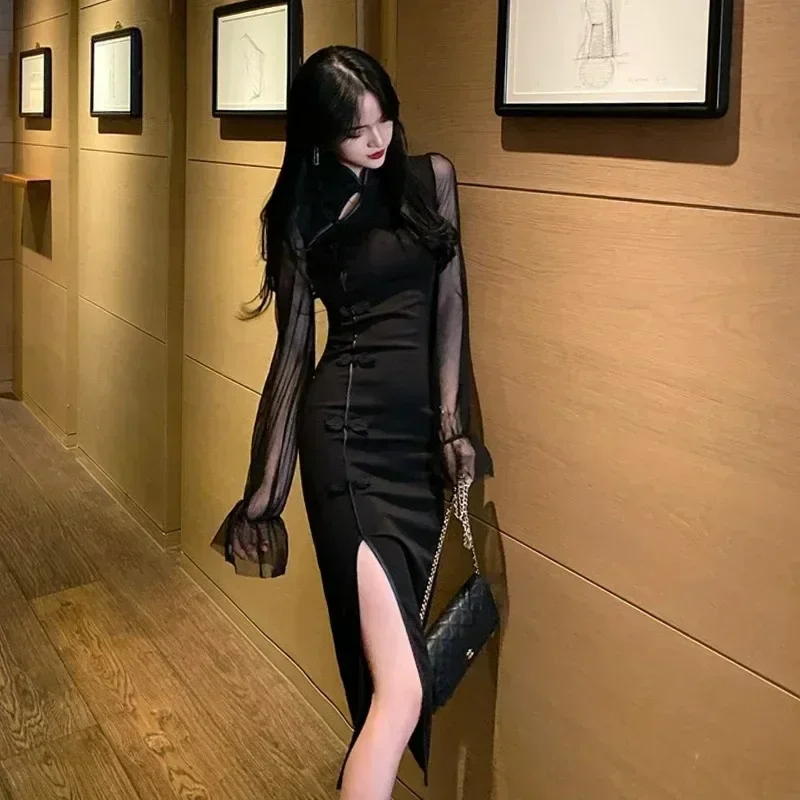 

Black Chinese Elegant Dress for Women Vintage Mandarin Collar Female Sexy High Split Long Sleeve Slim Qipao Classic Cheongsam