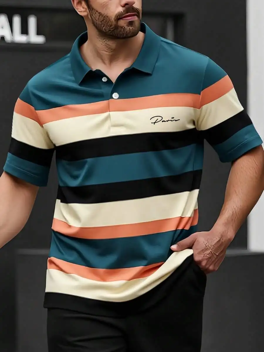 

Мужская поло-рубашка больших размеров в полоску с контрастными вставками и логотипом