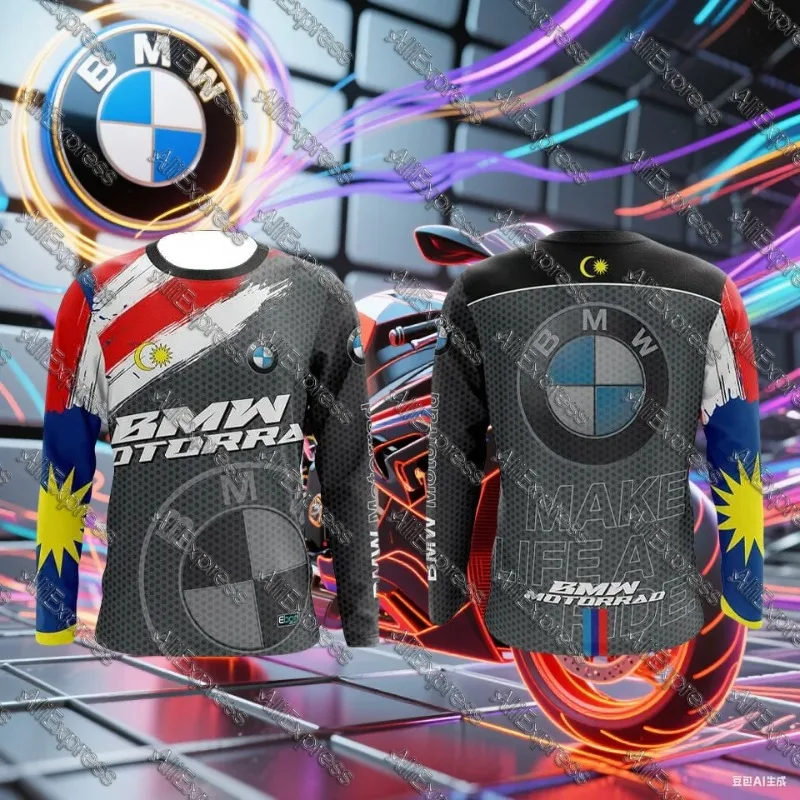 

Мужская летняя футболка BMW с длинными рукавами, дышащая, быстросохнущая, впитывающая пот, топ с 3D принтом Malaysia Moto для активного ношения