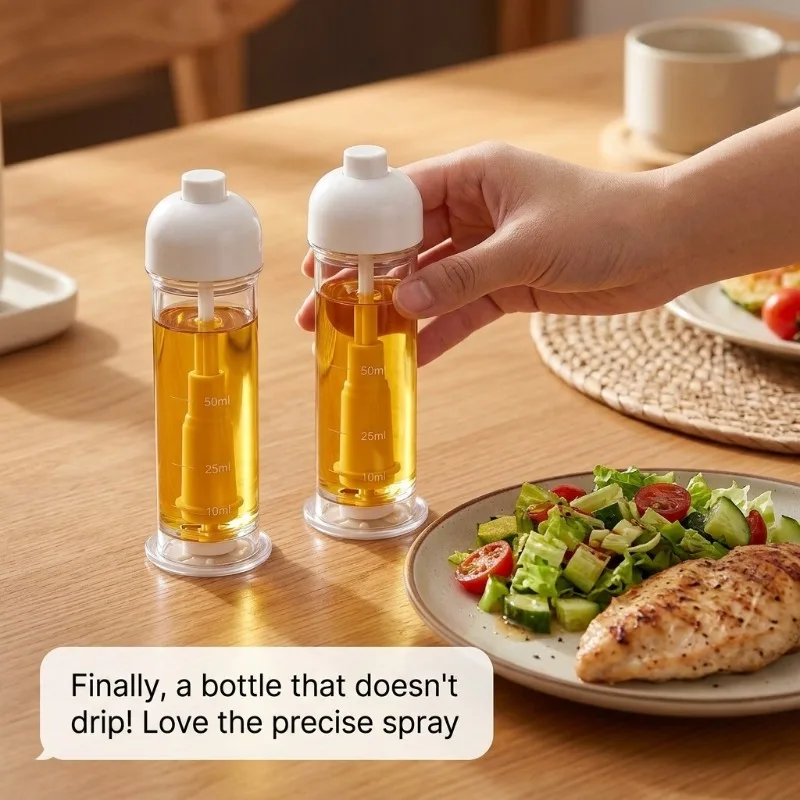 Press Type Down Spray Oil Sprayer, Transparent Measuring Cooking Oil Mister Bottle with Non‑Slip Base for Kitchen BBQ Air Fryer