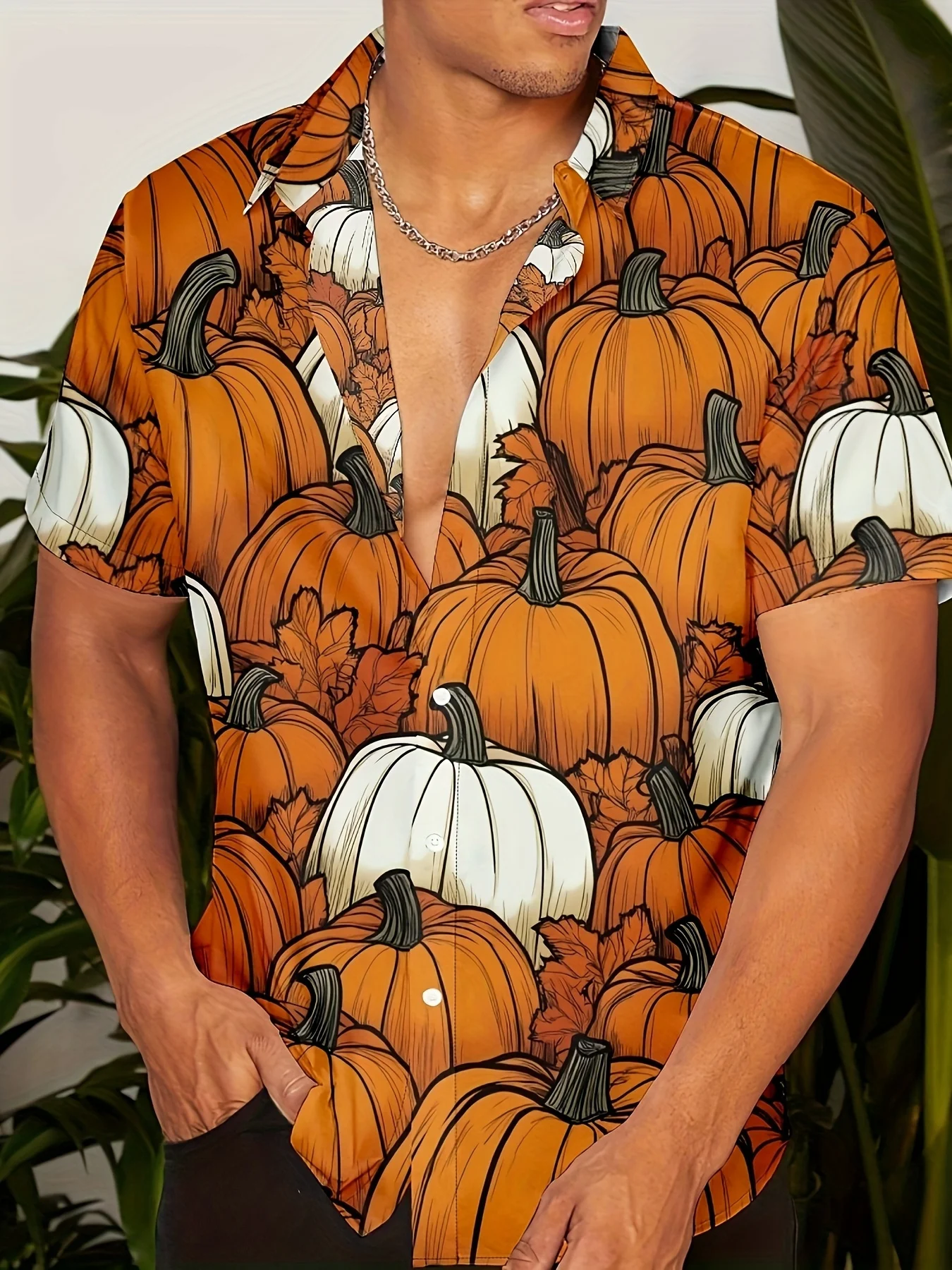 Men's Autumn Orange White Pumpkin Maple Leaf All Over Print Short Sleeve Camp Collar Shirt Halloween Daily Casual Top