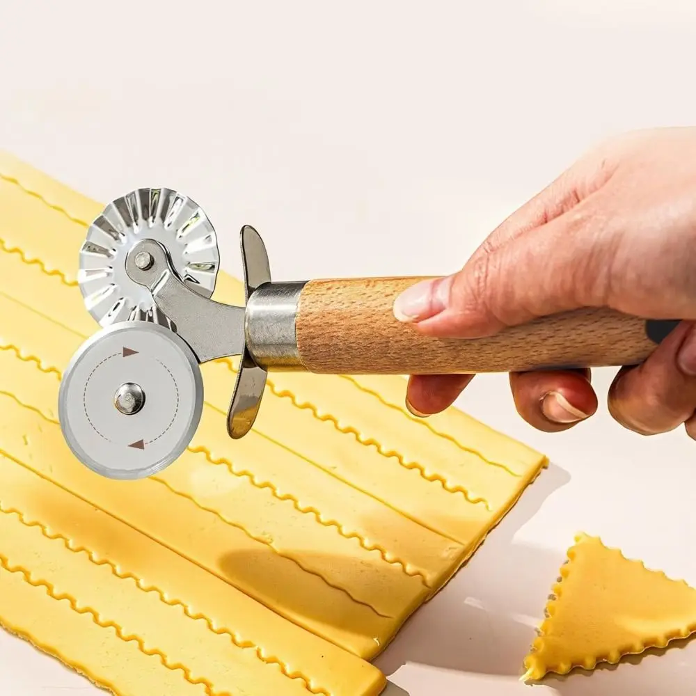 

Double Wheel Biscuit Embossing Rolling Wheel 2 in 1 Wooden Handle Ravioli Mold Rust-proof Homemade Pasta Cutter Baking Tool