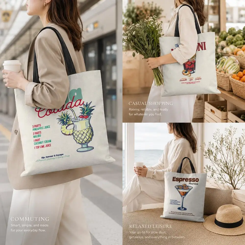 Classic Retro Cocktail Storage Bags Canvas Tote Bag Large Capacity Reusable  Shopping Commute Grocery Shoulder Bag Gift