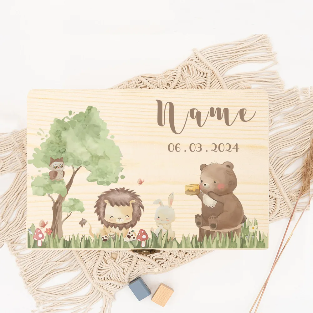 Personalised Baby Keepsake Memory Box Cute Animal Pattern Wooden Box Newborn Baby Gift Idea for A Baptism or Birth