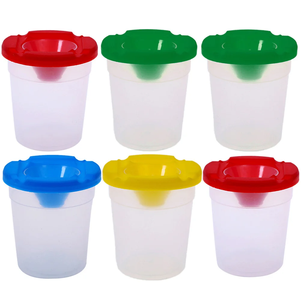 

6Pcs Painting Cups Plastic Clear Leakproof Spill-Proof Lids Brush Holder Watercolor Paint Container for Art Supplies