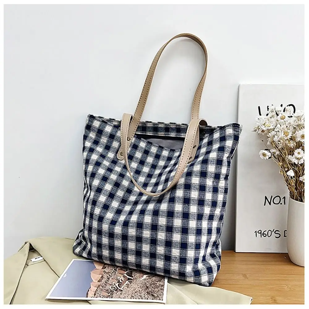 Canvas Tote Bag Gingham Plaid Reusable Grocery Handbag Shoulder Bag for Travel, Shopping, Weekend, Holiday Birthday Gift