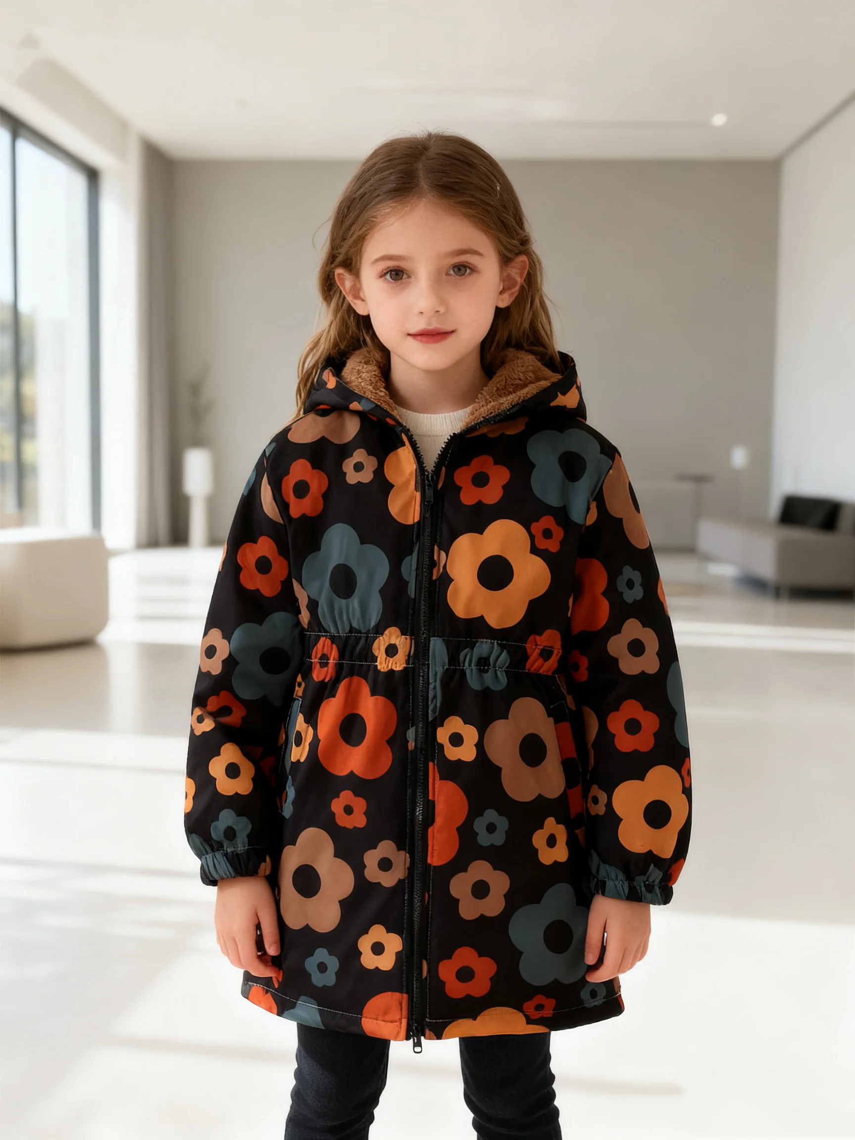 Autumn And Winter Girls' Long Sleeved Full Printed Flower Print Hooded Jacket With Waist Cinching Casual Jacket