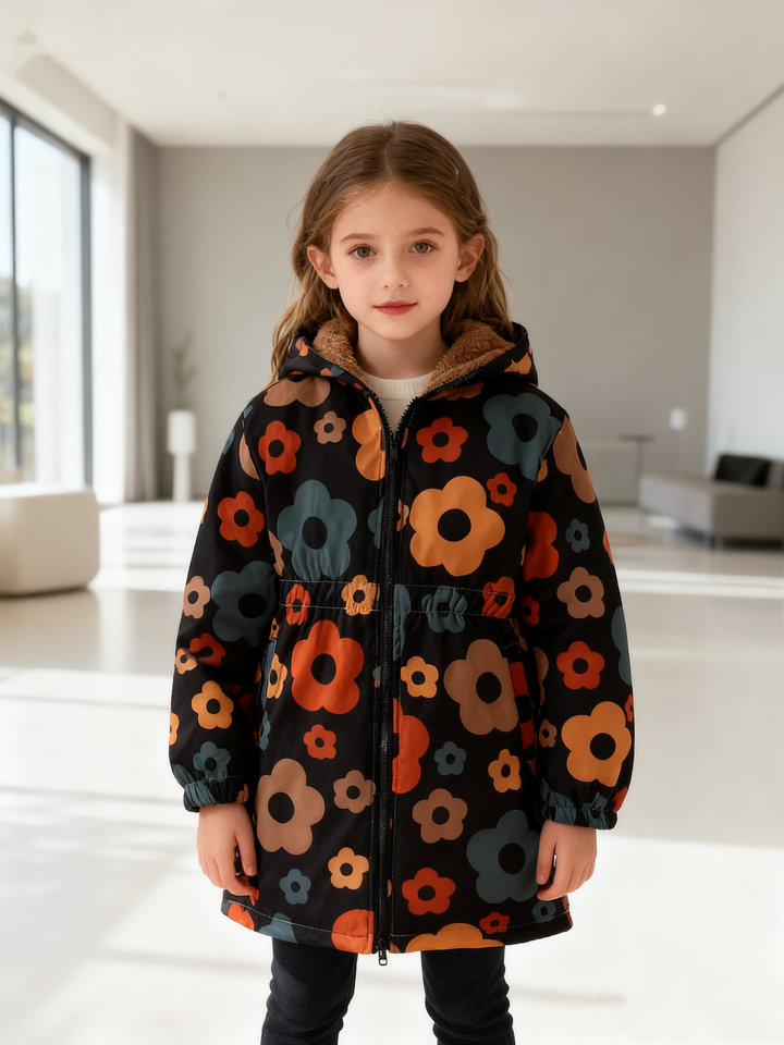 Autumn And Winter Girls' Long Sleeved Full Printed Flower Print Hooded Jacket With Waist Cinching Casual Jacket 