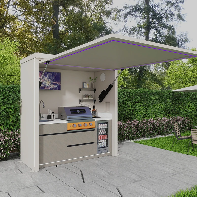 2026 New Wholesale Customized Powder Coated Stainless Steel Outdoor Kitchen Gas Grill BBQ Cabinet Shed Remote Control Flame