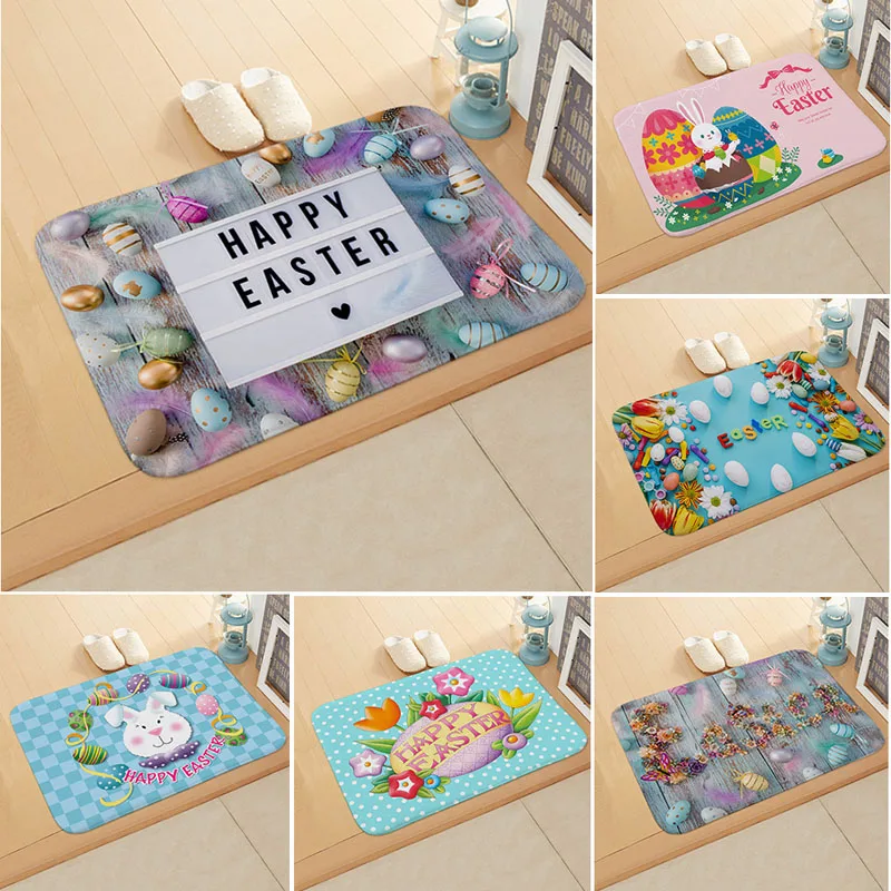 Easter Bunny Doormat Welcome Home Easter Rabbit Anti-Slip Door Mat Carpet Doormat Flannel Kitchen Living Room Floor Mat Rug