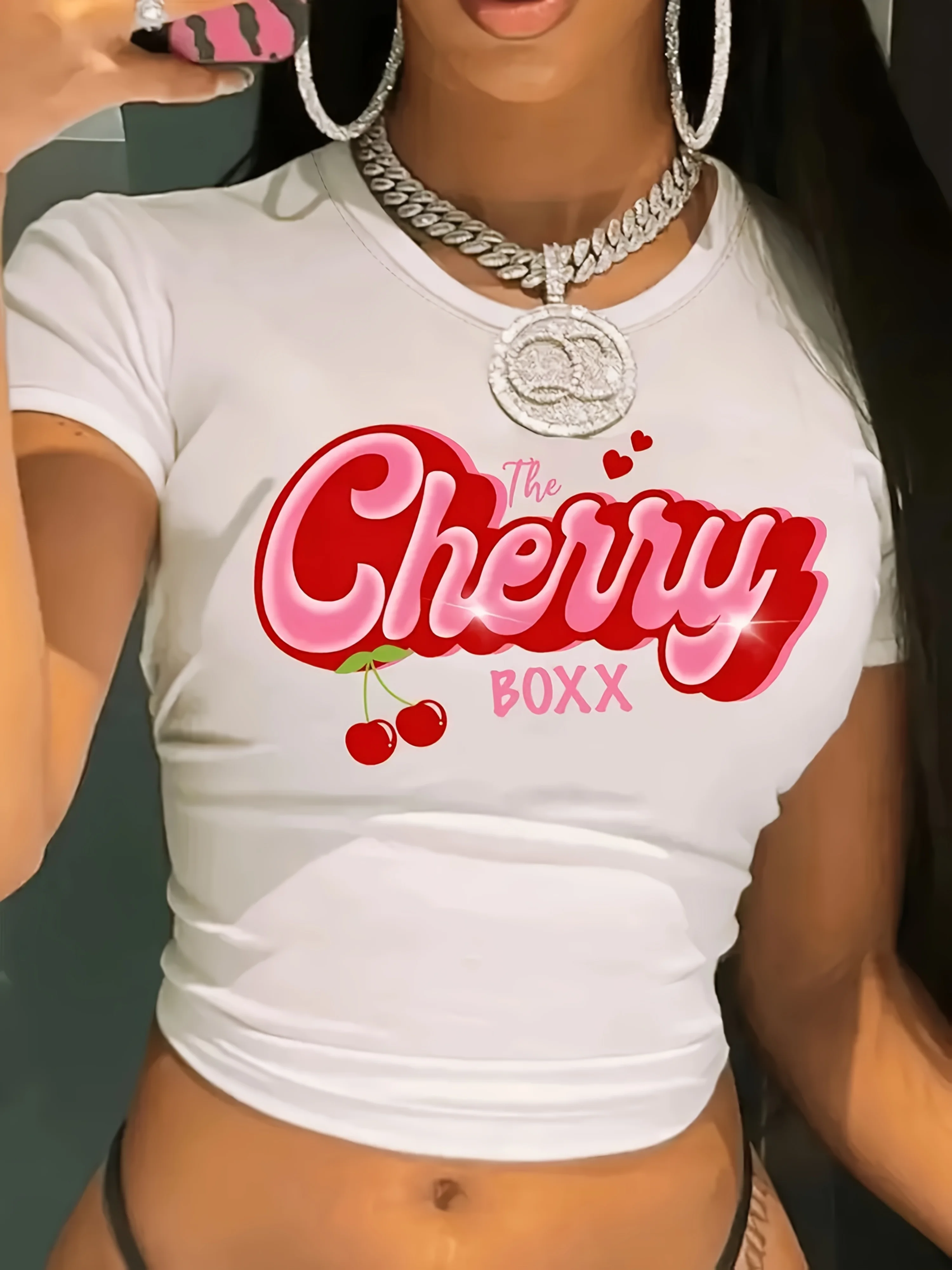 

Cherry Box Graphic Print Crew Neck T-Shirt Suitable for All Seasons Harajuku Sleeve Clothing Street Tops Tees Aesthetic Clothes