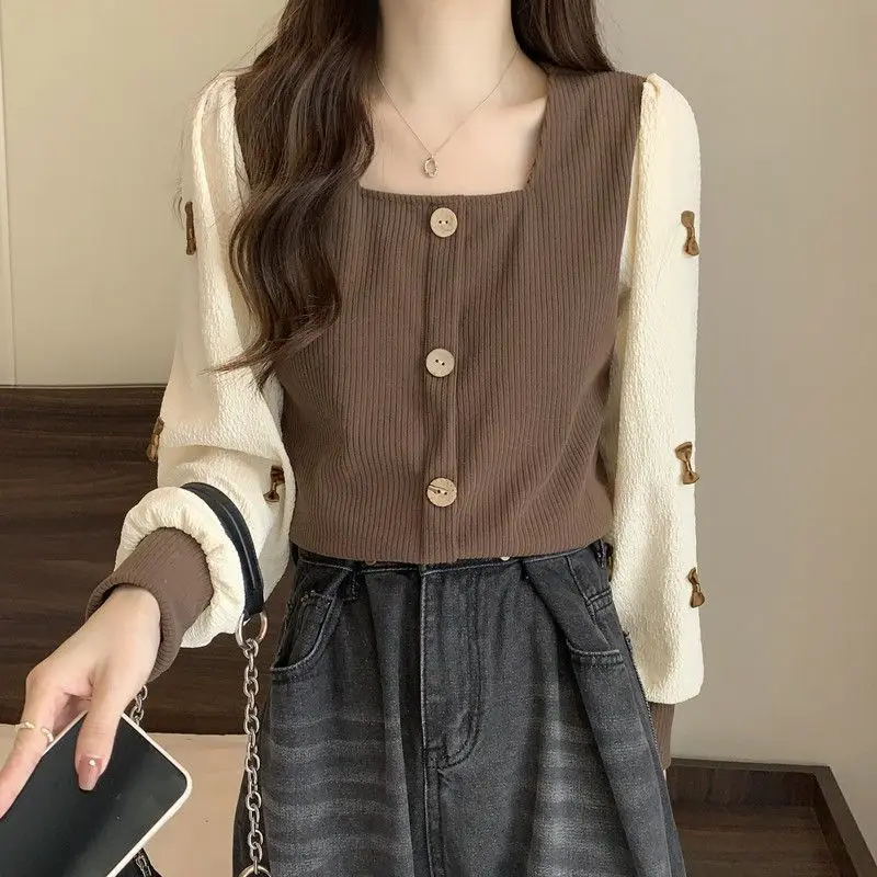 Women Trendy Kawaii Bow Chic Button Patchwork T Shirt Spring Autumn Female Casual Square Collar Long Sleeve Tops Ropa De Mujer