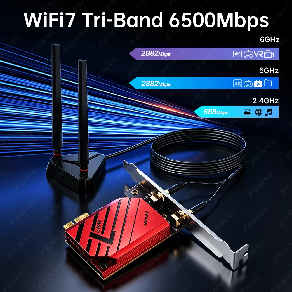 FENVI WiFi 7 BE6500 PCIE Wireless Adapter BT5.4 Tri Band 6500Mbps 2.4G/5G/6Ghz WiFi7 MT7925 Network Adapter For AMD PC Win 10/11