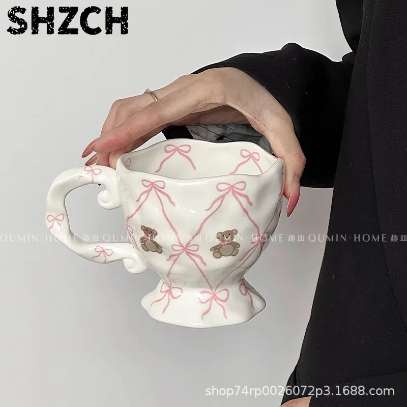 2Pcs bow bear mug tall coffee cup ceramic water cup ins wind milk cup annual meeting gift souvenir