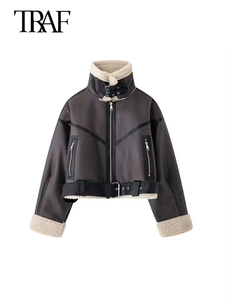 TRAF Winter Women Fashion With Belt Suede Lamb Leather Jacket Coats Faux Shearling Sheepskin Leather Outerwear Chic Tops