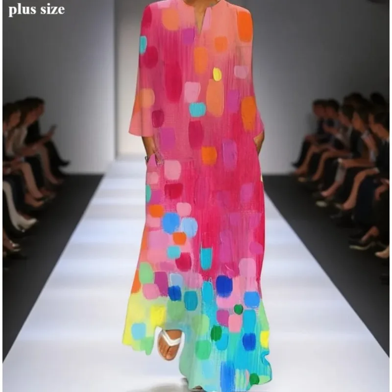 

Tinaa Color-Block Plus Size Midi Dresses 2025 Art Style Dots Printed Long Sleeves V-Neck Party Elegant Long Dresses 184453