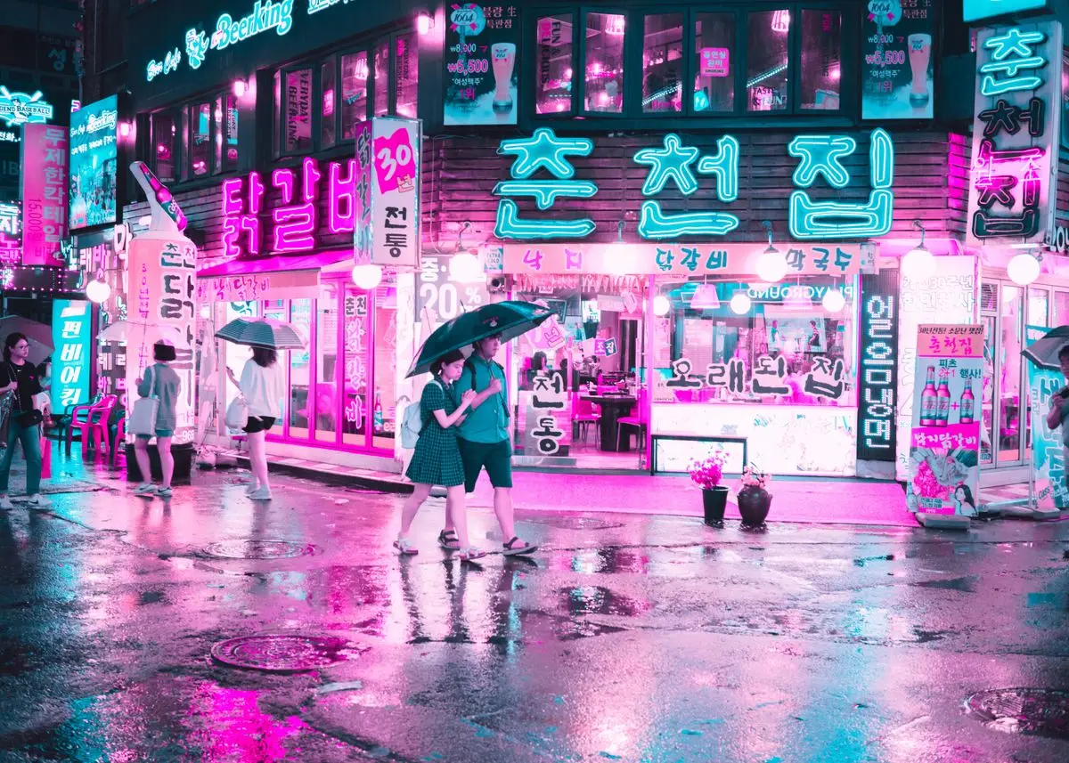 Korea Neon City Night Street Poster Kpop Seoul Travel Vaporwave Decorative Painting Wall Art Kawaii Room Decor Canvas Posters