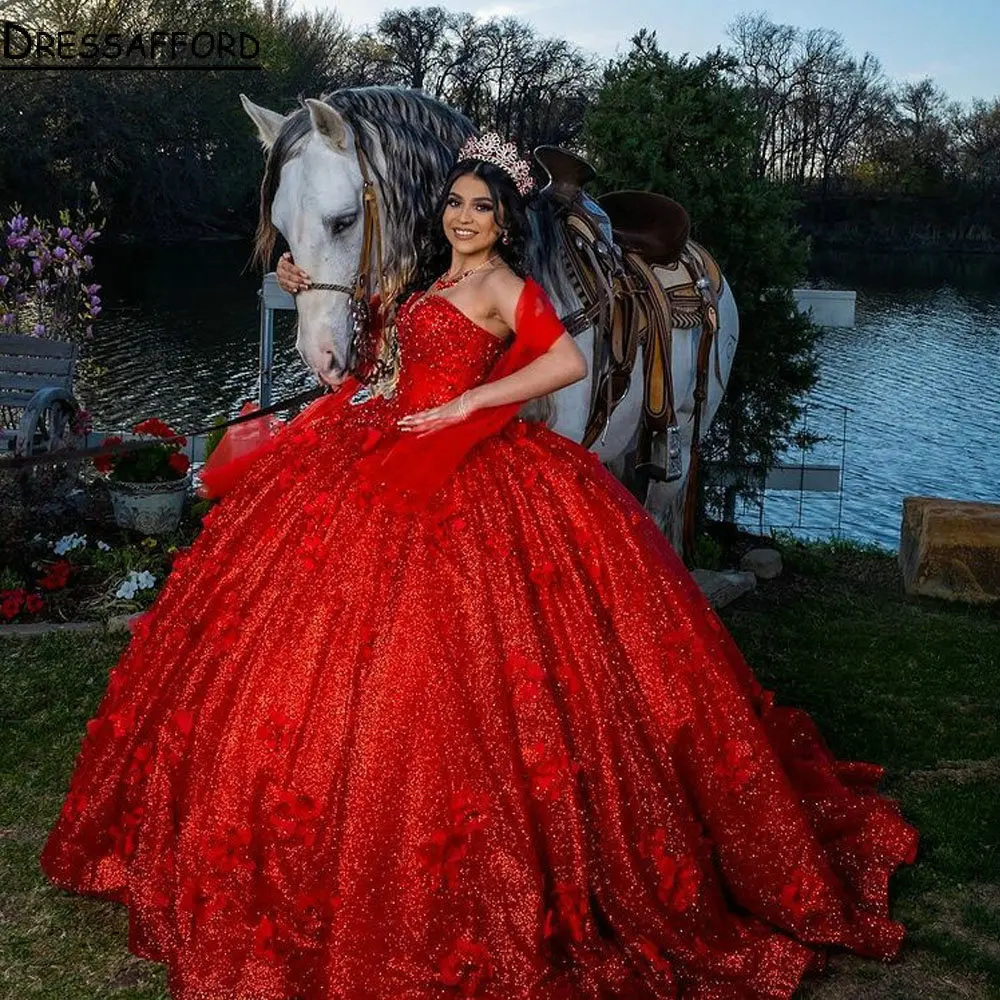 Vestido Rojo De quinceañera sin mangas, cintas De cristal brillantes, corsé De flores en 3D, 15 Vestidos De XV Años