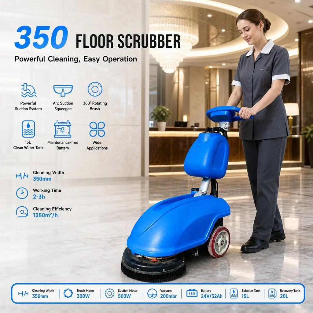 Convenient 350mm Brush Plus Suction Motor Light Body Unit Floor Scrubber for School Classroom Building Work Use