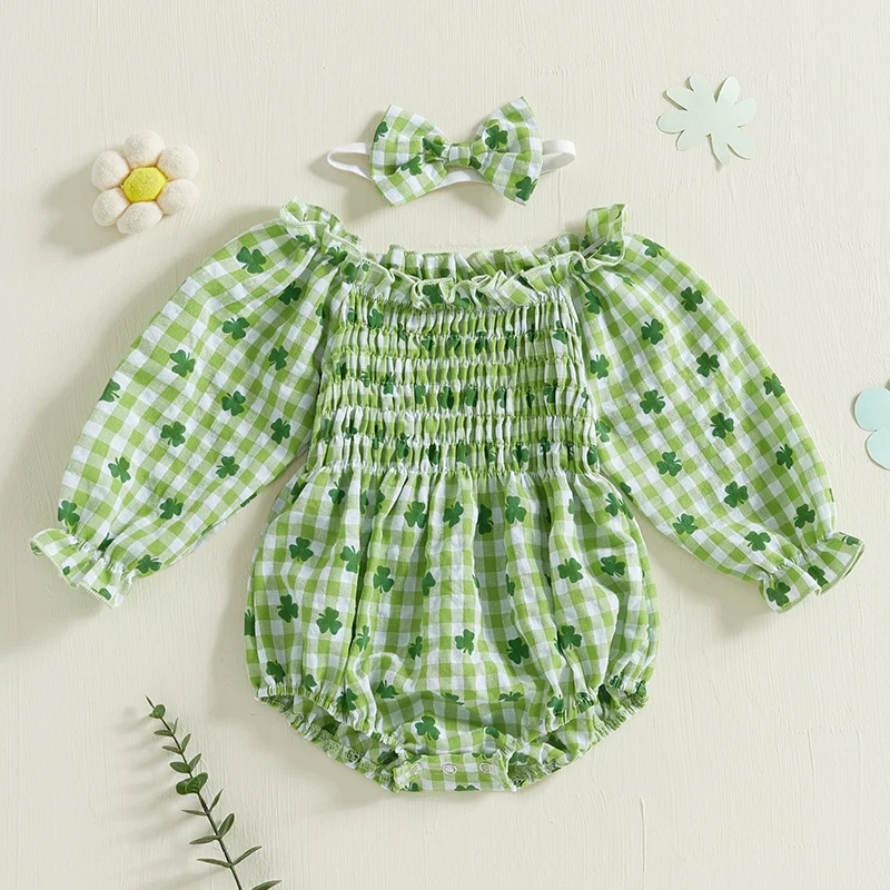 

Baby Girls Romper Clover Print Plaid Ruffled Trim Long Sleeve Smocked Jumpsuits Bow Headband 2 Pieces Outfits