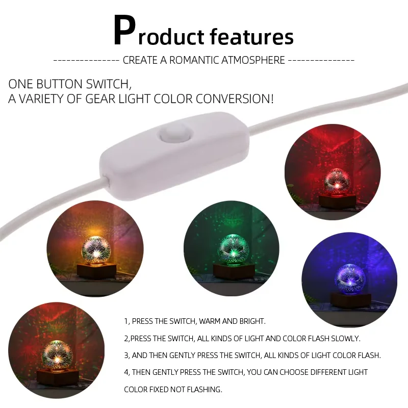 โคมไฟตั้งโต๊ะบรรยากาศดอกไม้ไฟ LED 3D, USB - ขับเคลื่อน, สวิตช์ปุ่มเดียวสำหรับแสงอารมณ์ RGB, เหมาะสำหรับตกแต่งบ้านและห้องนอน