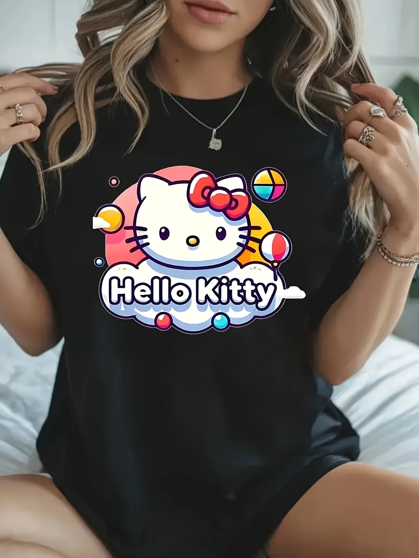 

Sanrio Hello Kitty & Cool Lomi T-Shirt - Cute Balloon & Cloud Print Unisex Casual Tee, 200g Soft Fabric with Hello Kitty Face