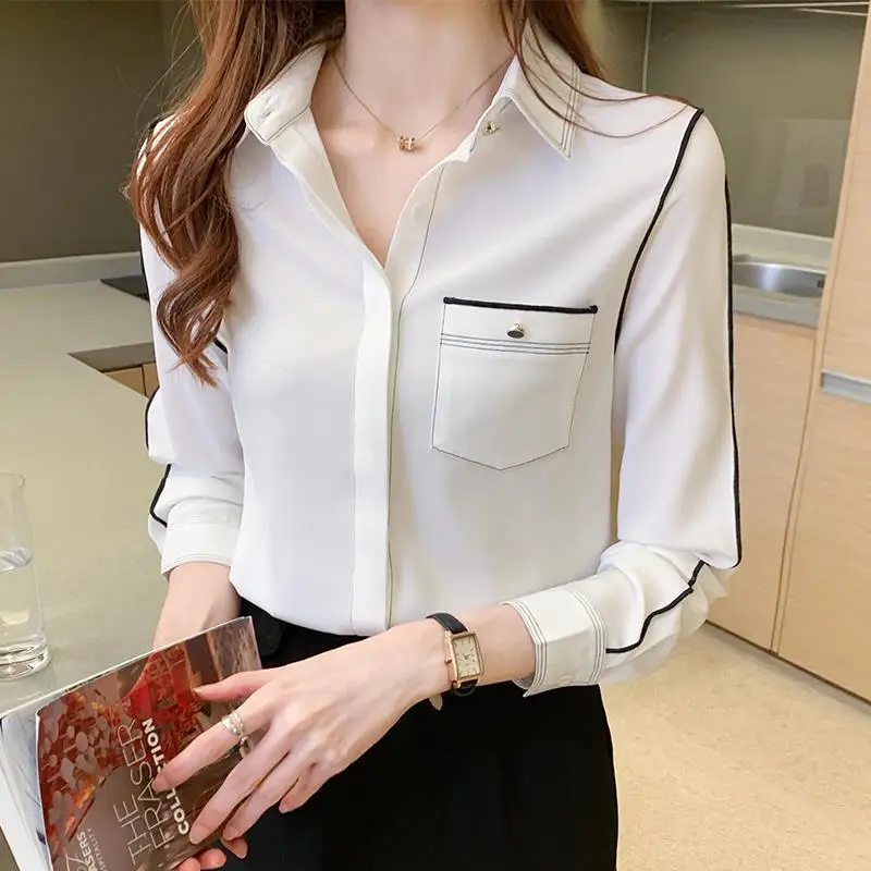 Fashion Lapel Spliced Button Pockets All-match Shirt Women\'s Clothing 2024 Spring Summer New Casual Tops Office Lady Blouse