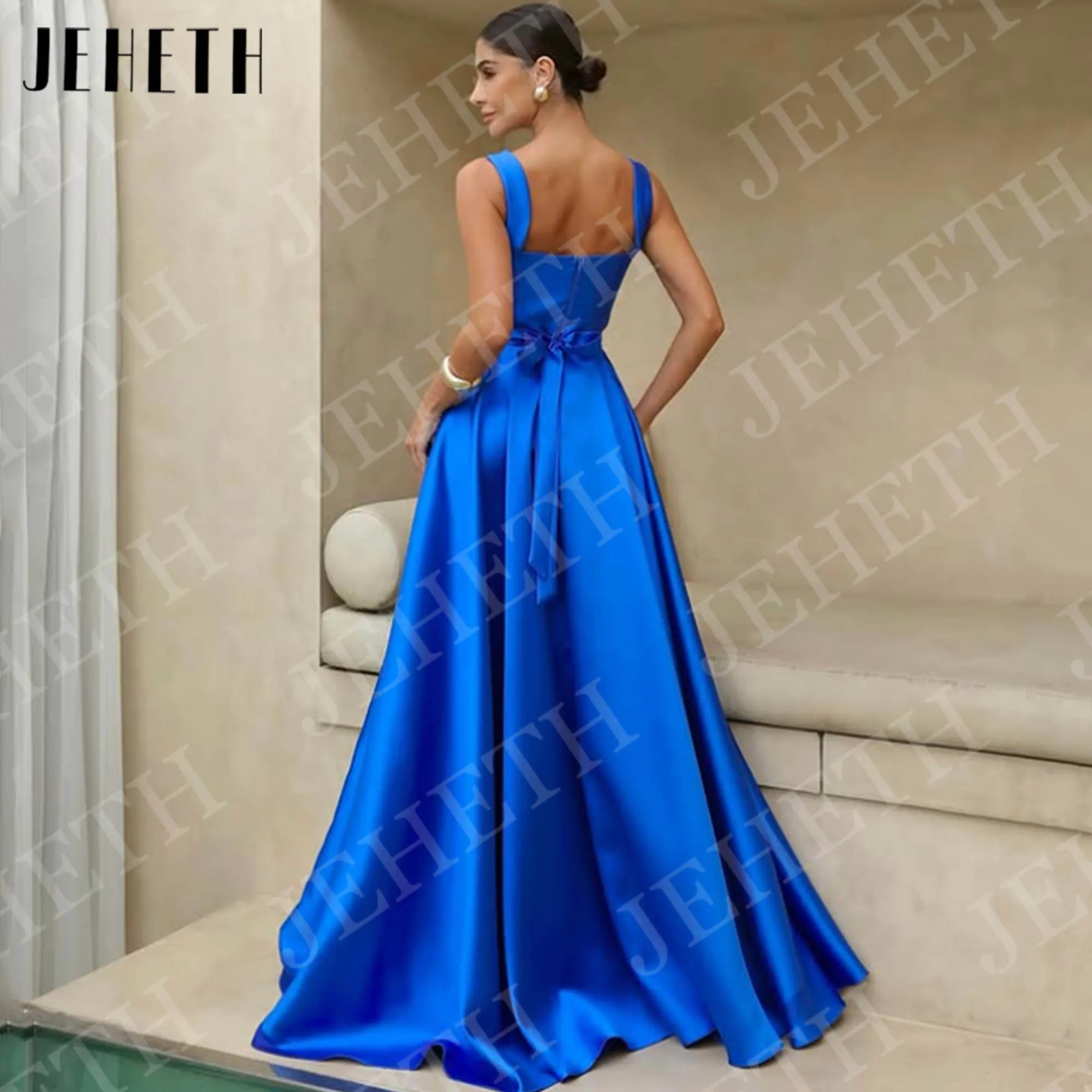 فساتين سهرة JEHETH باللون الأزرق الملكي على شكل حرف A فستان أنيق للحفلات الراقصة من الساتان برقبة مربعة للحفلات الرسمية للنساء بطول الأرض حسب الطلب الملكي الأزرق فساتين المساء خط أنيق فستان حفل السفينة الساتين مربع الر #2