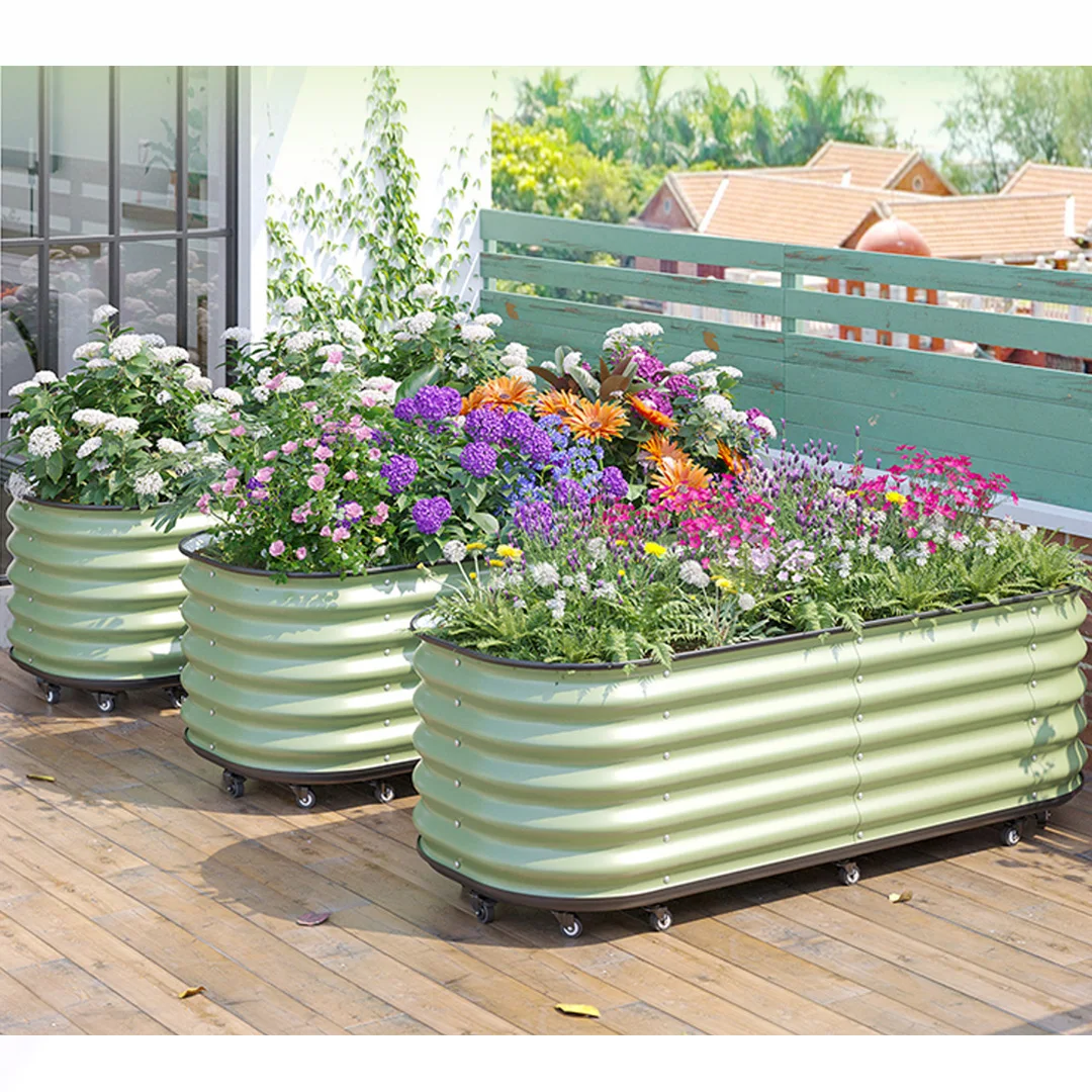 Modular Corrugated Raised Garden Bed, Powder Coated Stainless Steel Outdoor Planter Box, Durable Flower Pot Container
