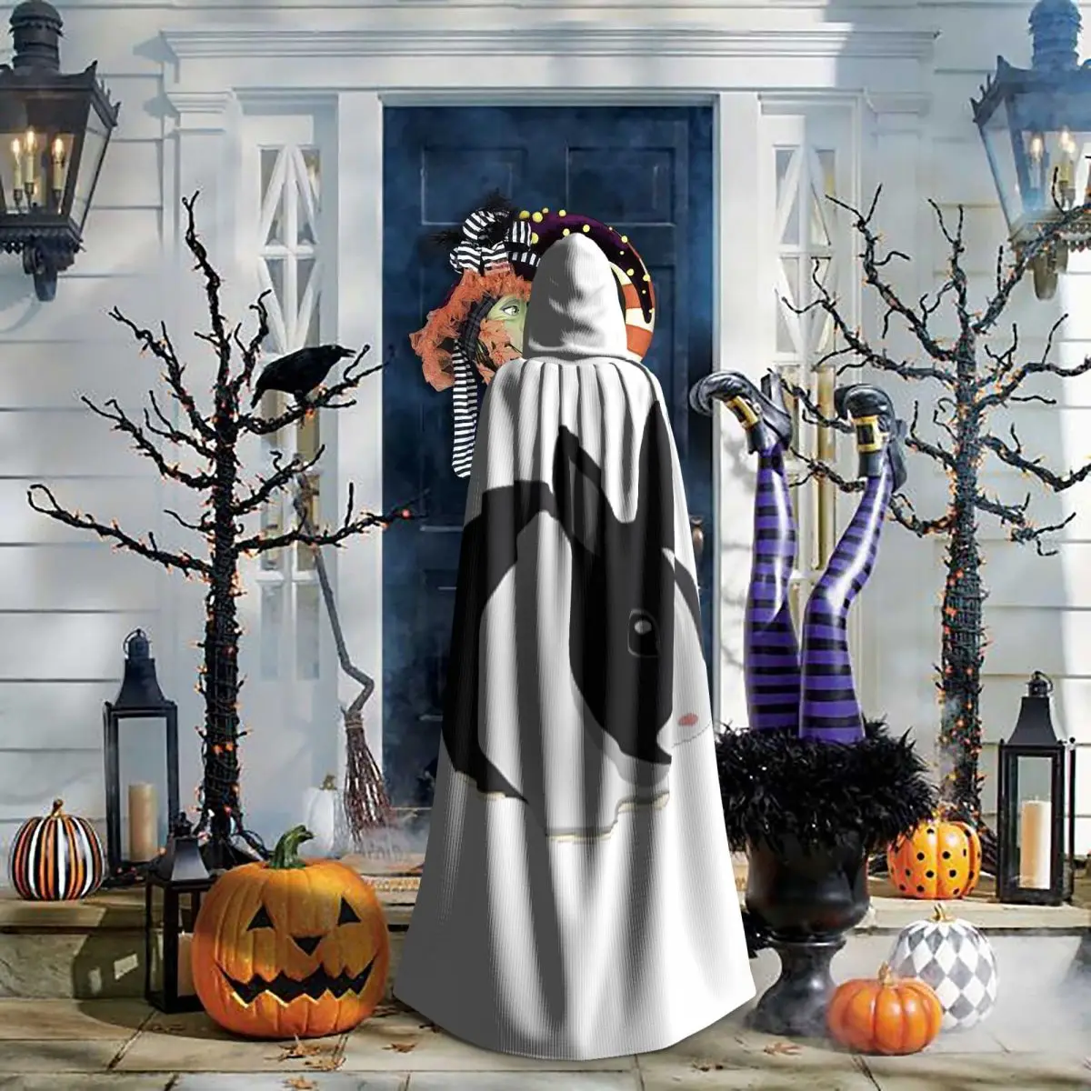 Capa larga con capucha de conejo blanco y negro holandés, disfraz de bruja medieval, capa de cosplay, abrigo de Halloween, unisex para adultos