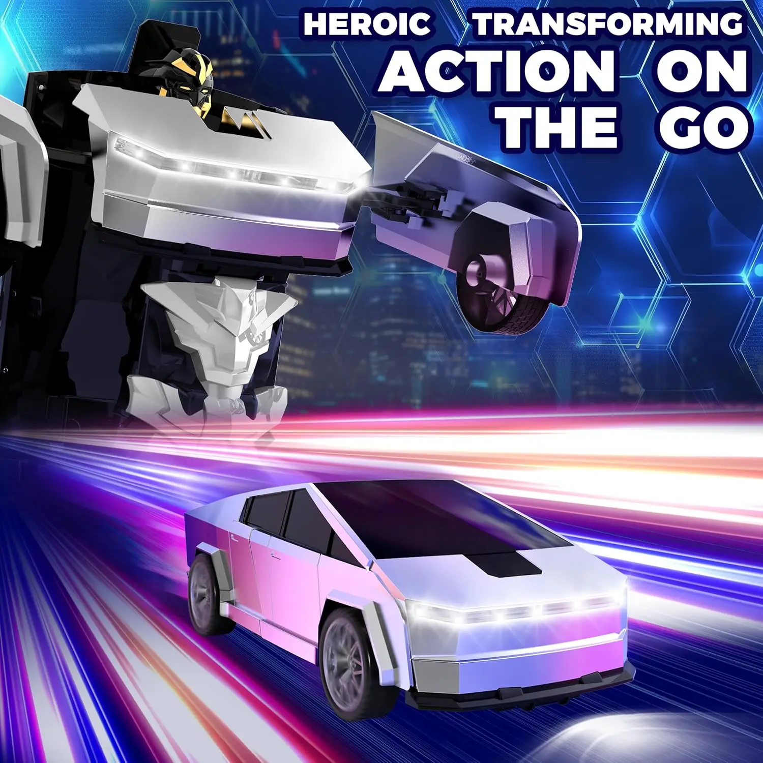 รถบังคับวิทยุ 2.4G แปลงร่างเป็นหุ่นยนต์ได้, รถกระบะแปลงร่าง 2-in-1 พร้อมไฟ, รถแข่งบังคับอัตโนมัติสำหรับเด็ก