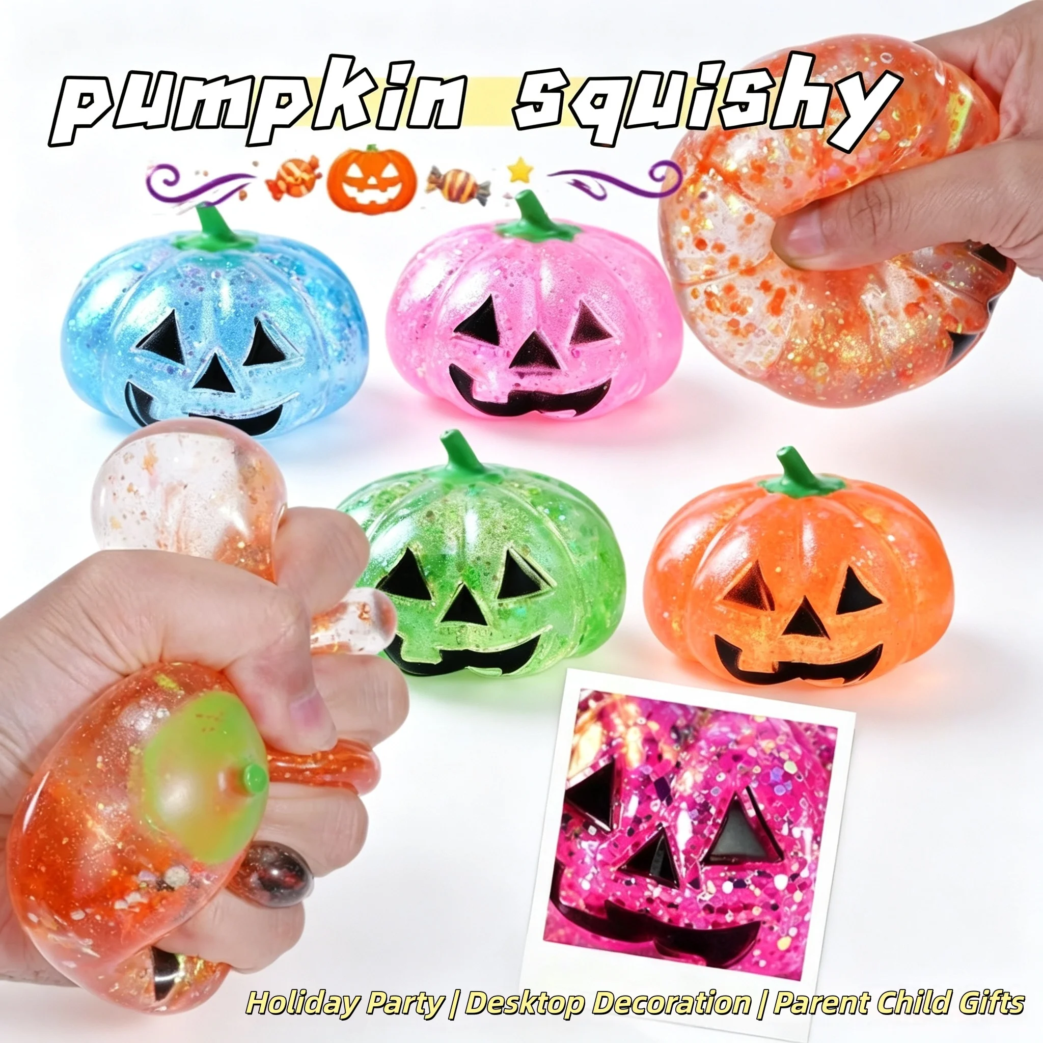 Halloween Glitter Pumpkin Squishy Slow Rebound Squeeze Toy Set Stress Relief Sensory Tabletop Desktop Decor Party Enthusiasts