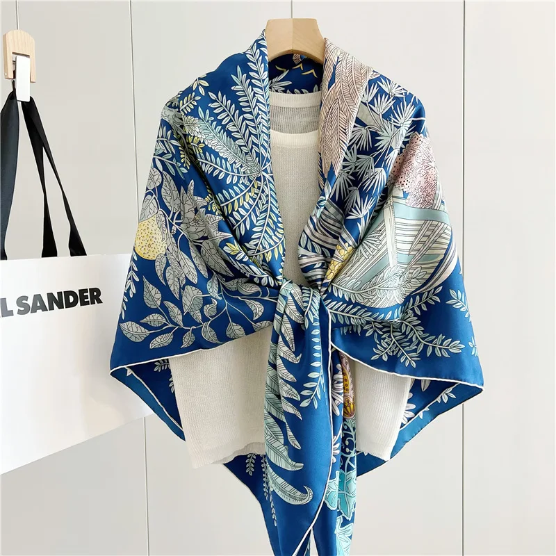 Blue Mulberry Silk Scarfs for Women Herms Rolled Shawls Big Bandanas Tops Accessories Belt Hair Neck Decoration