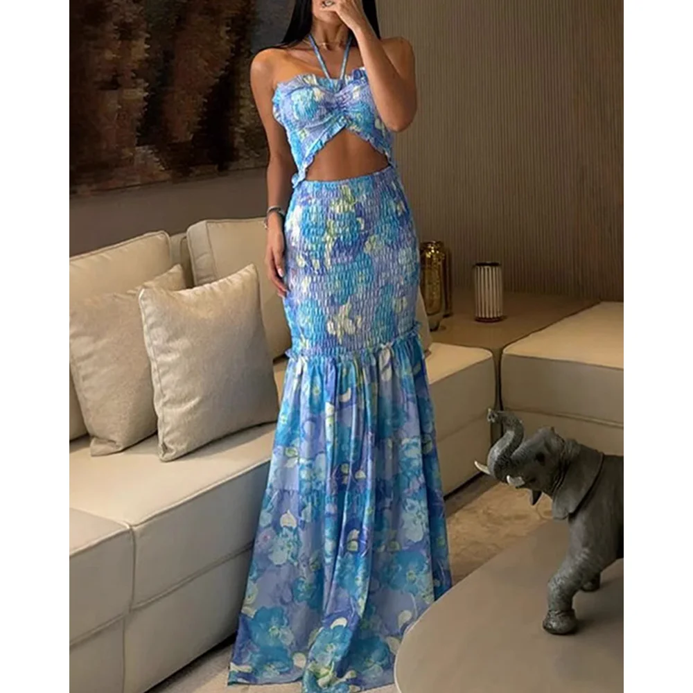 Women Floral Print Halter Hollow Out Maxi Dress Casual Shirred Fishtail Dress Cinched Waist Slim Fit Ruffle Hem Mermaid Dress