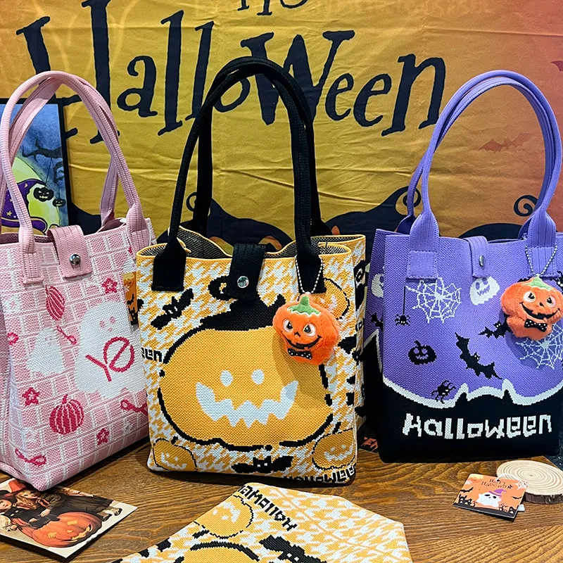 Halloween Knitted Tote Bag with Pumpkin Pattern, Gift Bag, Multifunctional Large-Capacity Handbag, Can Be Used to Give Gifts to Family, Friends, and Classmates, Eco-Friendly Gift Bag, Fashionable Bag for Vacation and Shopping, Daily Casual Outing, Carrying Miscellaneous Items, Handbag for Everyday Use