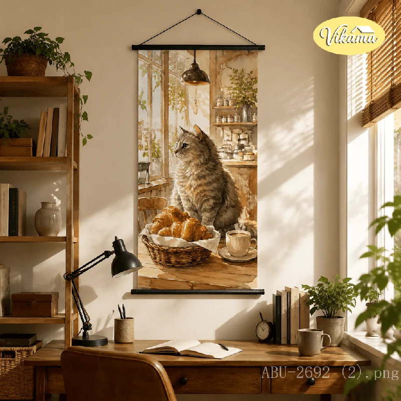 VIKAMA Watercolor Hanging Scroll Calico Cat Strawberry Cake Window Canvas Poster Wall Hanging Cute Cottagecore Wall Decor