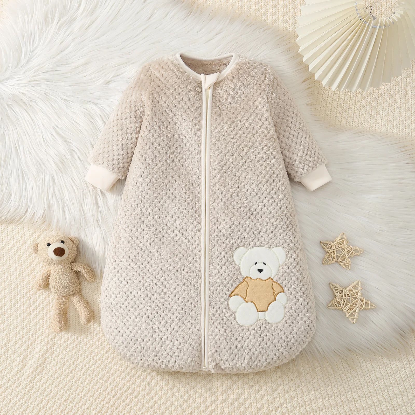 新生児用テディベア張才ジッパー付き長袖ぬいぐるみ寝袋、秋冬の可愛いおくるみ服に最適