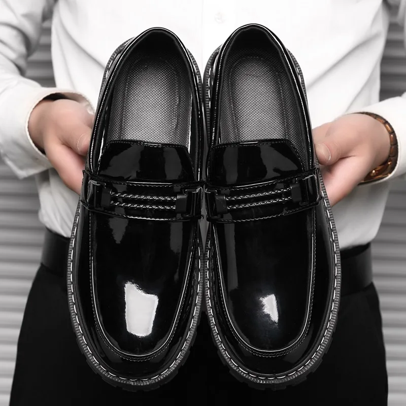 Spring and autumn decorative rope bright men's loafers black work shoes casual fashion comfortable wide-footed men's shoes
