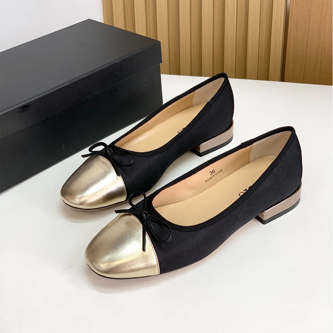 Donna-in Ballet Flats Women Shoe Silk Cloth and Sheepskin Mixed Colors Butterfly-knot Slip-on Square Low Heel Ladies Shoes