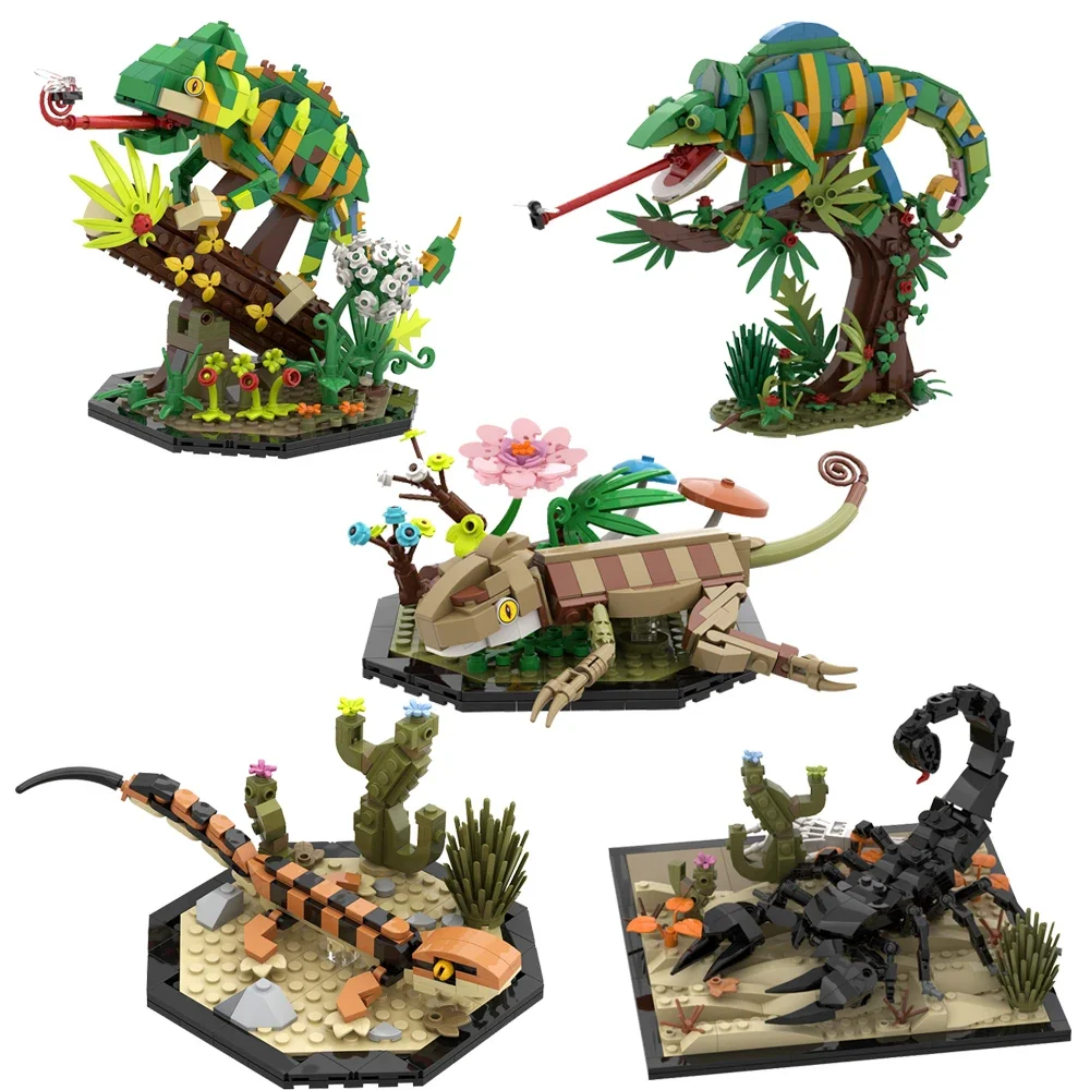 MOC 카멜레온 벽돌 모델 파충류 표범 인쇄 도마뱀 빌딩 블록 사막 전갈 DIY 조립 교육 장난감 어린이 선물