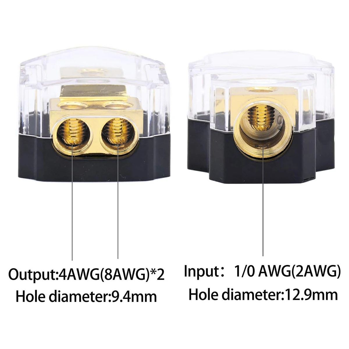 Copper 2 Way Power Distribution Block Car Audio Power Wire Splitter 0/2/4 Gauge in 4/6/8 Gauge Out for Car Boat Easy to Install