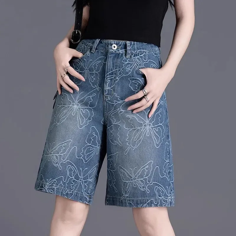 High Waist  Print Denim Bermuda Shorts Women Straight Leg Loose 5-Pocket Jeans Shorts Summer