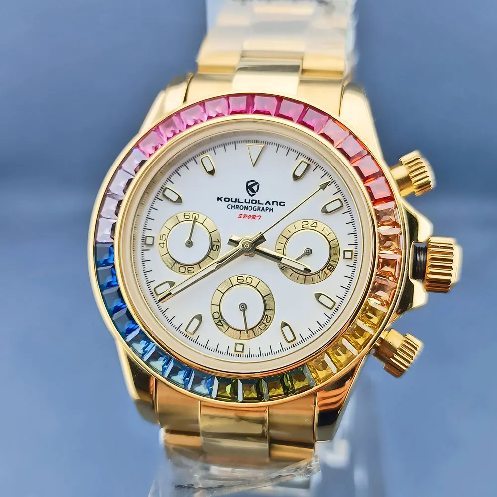VK63 Quartz  Gold Watch Chrono Code Watch 316L Stainless Steel Sapphire Glass Green Luminous Dial Colored diamond bezel watch 1