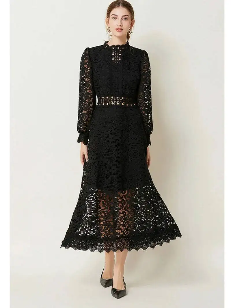 Purple Green Dress For Women Stand Collar Long Sleeve High Waist Cut Out Solid Midi Dresses Female Autumn Clothes 2025 New PA8W